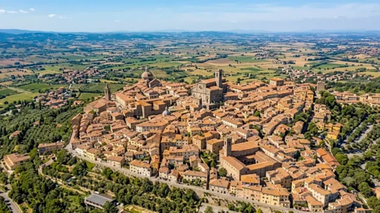 Panoramic view of Cortona and the Tuscan countryside from above